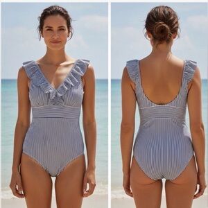 AAVA Swimwear Blue White Striped Ruffle V-Neck One Piece Swimsuit Large Recycled